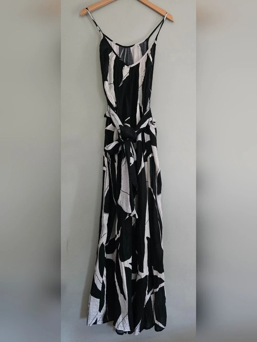 Anthropologie Boho White Black Sheer Print Cotton Gauze Wide Leg Jumpsuit, Large - Picture 8 of 8